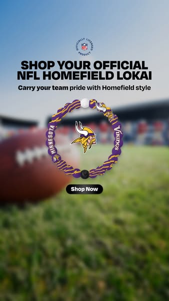This ad showcases an officially licensed NFL Lokai bracelet, specifically designed for Minnesota Vikings fans. The brace