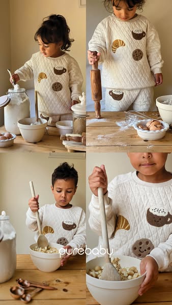 This ad showcases two young children in a kitchen environment, engaging in baking activities while wearing matching loun
