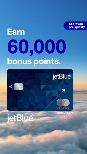 This image ad is for the JetBlue credit card and encourages viewers to see if they pre-qualify to earn 60,000 bonus poin