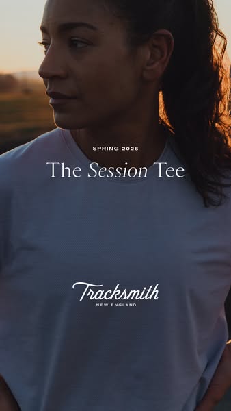 This ad showcases Tracksmith's 'Session Tee' against a backdrop of a runner in an outdoor setting, emphasizi