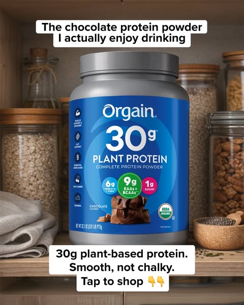 This ad promotes Orgain chocolate plant-based protein powder. The ad highlights the protein powder's smooth taste an