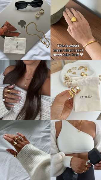 This ad showcases a collection of gold jewelry from the brand ATOLEA in a grid layout. The ad features close-up shots of
