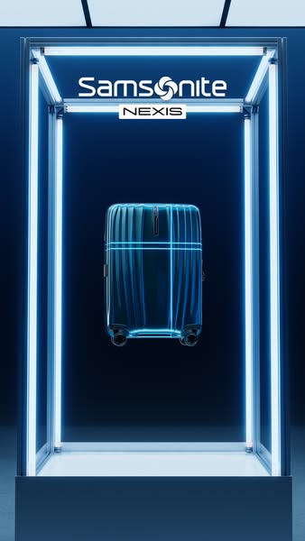 This ad features a Samsonite carry-on suitcase in a neon-lit display case. The ad uses sleek, minimalist visuals to high