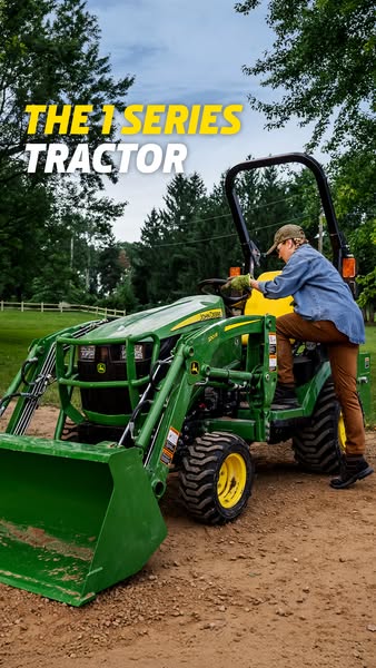 This ad showcases John Deere's 1 Series Tractor and highlights its ease of use and functionality. A person is shown 