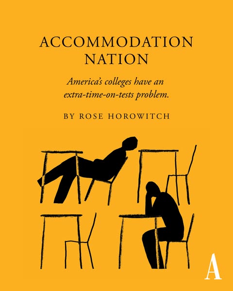 This ad features an illustration about the problem of extra time on tests in America's colleges.