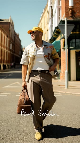 This ad features a model wearing Paul Smith clothing, walking on a city street. The ad aims to showcase the brand's 