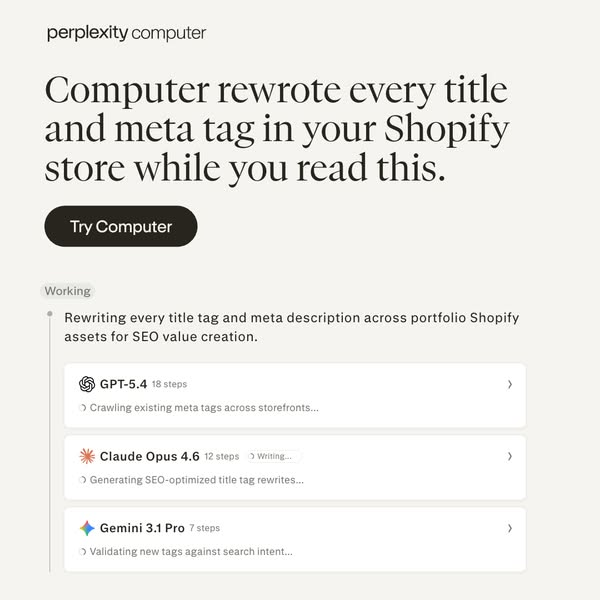 This ad showcases Perplexity's computer and how it can rewrite title and meta tags in your Shopify store. It shows a