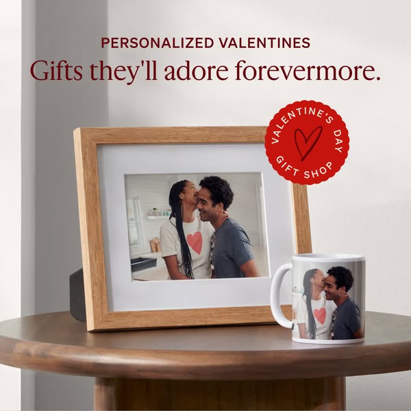 This ad showcases personalized Valentine's Day gifts, specifically a framed photo and a mug, emphasizing the ability
