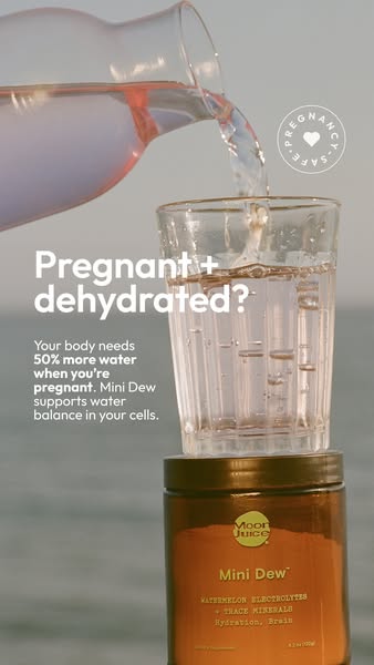 This image ad for Moon Juice's Mini Dew targets pregnant women, highlighting their increased need for water intake a
