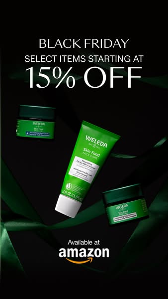 This ad promotes Weleda Skin Food products, highlighting a Black Friday discount of 15% off select items and availabilit