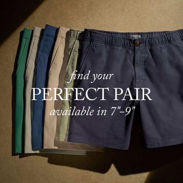 A product shot showcases the brand's line of men's shorts in multiple colors. The text overlay emphasizes the br