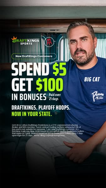 This ad from DraftKings Sports encourages new DraftKings Customers to spend $5 to get $100 in bonuses that will be paid 