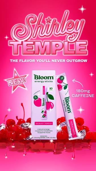 An image ad for Bloom energy sticks in Shirley Temple flavor, presented in a bright pink, retro-inspired aesthetic.