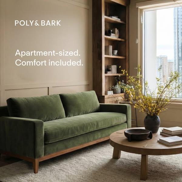 This ad showcases a green velvet sofa from Poly & Bark, emphasizing its suitability for apartments and its comfort.
