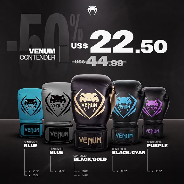 This image ad promotes Venum Contender boxing gloves, showcasing a selection of colors and sizes available at a 50% disc
