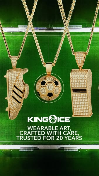 This image ad showcases three gold and diamond-studded pendants, representing a soccer cleat, a soccer ball, and a whist
