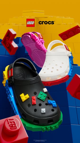 This ad showcases a collaboration between LEGO and Crocs, featuring Crocs with LEGO brick detailing on the soles and LEG