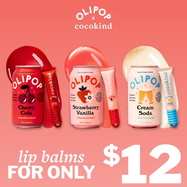 The image is an ad for Olipop and cocokind lip balms in three different flavors: Cherry Cola, Strawberry Vanilla, and Cr