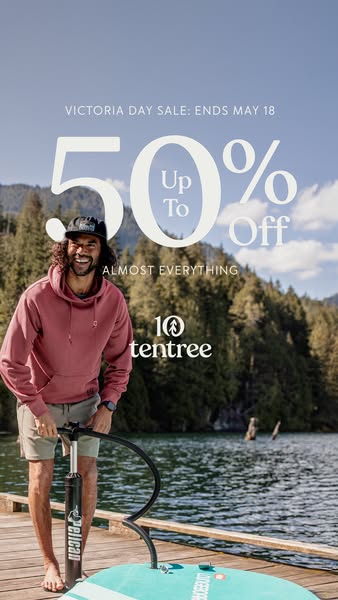 This image ad for tentree promotes a Victoria Day sale offering 50% off almost everything. The ad features a man outdoor