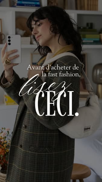 The ad features a woman taking a selfie in a mirror, with a furry white handbag slung over her shoulder. The text on the