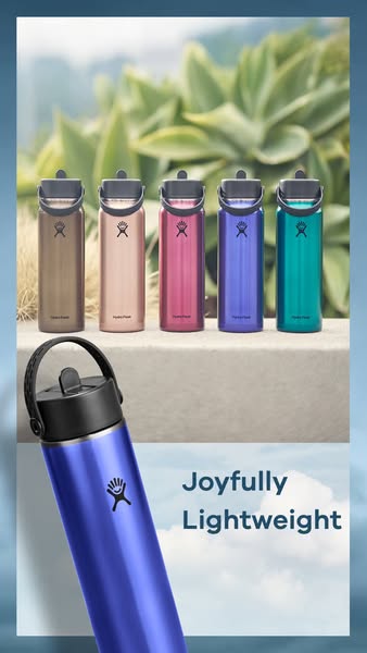 This ad showcases Hydro Flask's lightweight water bottles in various colors. The ad uses a blurred background and a 