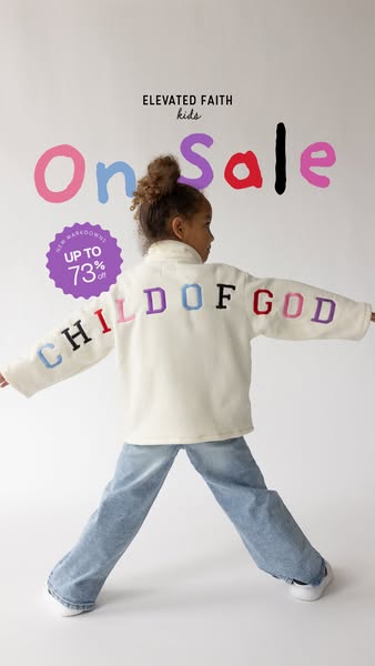This image ad for Elevated Faith Kids features a young girl wearing a cream-colored jacket with the words 'CHILD OF 