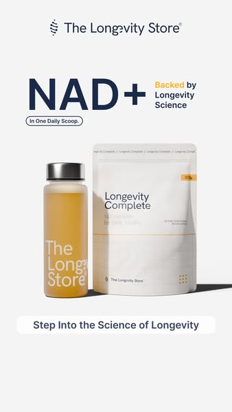 This ad for The Longevity Store features their NAD+ supplement, Longevity Complete. The ad highlights the product's 