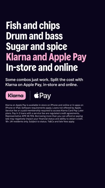 This image ad promotes the use of Klarna and Apple Pay for splitting costs, highlighting their availability both in-stor