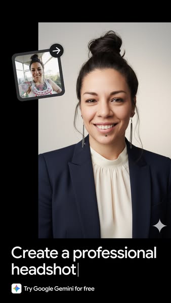 This ad showcases Google Gemini and its ability to take an ordinary photo of a person and create a professional headshot