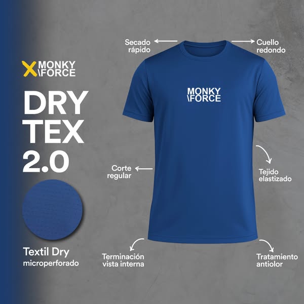 This ad showcases a blue athletic shirt by MONKY FORCE, highlighting its DRY TEX 2.0 technology, quick-drying capabiliti