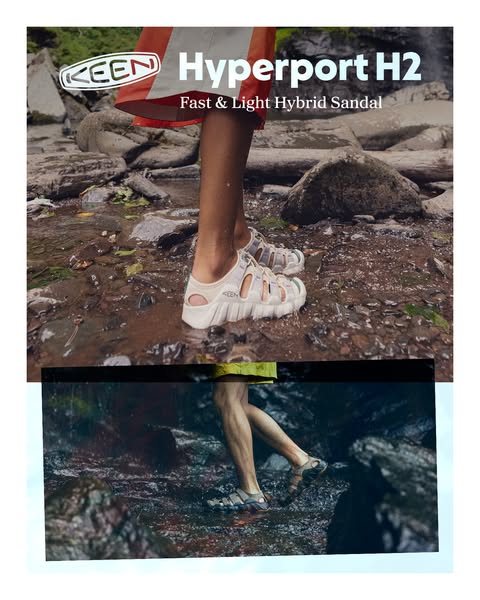 An ad for KEEN's Hyperport H2 sandals features two clips of a person wearing them while walking in water. The ad emp