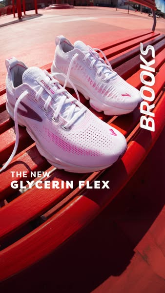 This ad features a pair of Brooks Glycerin Flex running shoes on a red bench in an outdoor setting. It highlights the ne