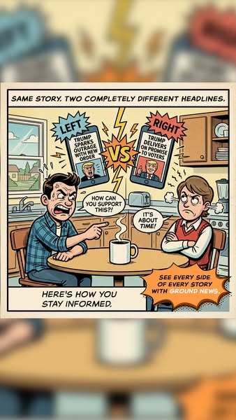 This ad for Ground News uses a comic style to show two people disagreeing over headlines regarding Trump, with each side