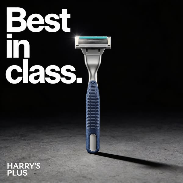 Image ad featuring a Harry's PLUS razor against a dark background with the text 'Best in class.'