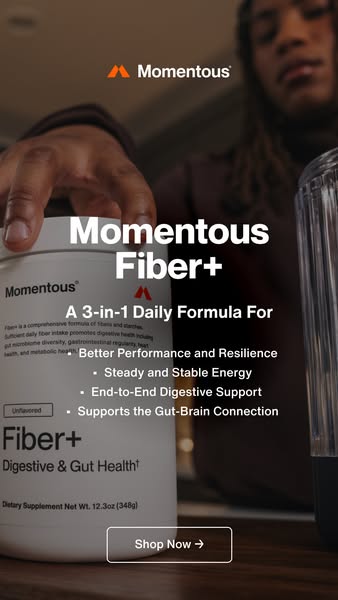 This ad promotes Momentous Fiber+, a 3-in-1 daily formula, highlighting benefits such as improved performance and resili