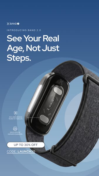 This image ad is for X Band 2.0, a wearable fitness tracker. The ad highlights that the band can track a user's real