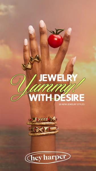This ad features a person's arm adorned with gold jewelry, including rings and bracelets, against a sunset backdrop.