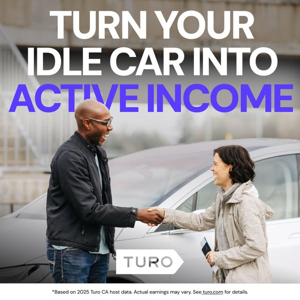 This image ad for Turo features a man and a woman shaking hands in front of a car, with the headline "TURN YOUR IDL