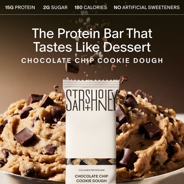 This ad for SARSHRIEY protein bars focuses on the chocolate chip cookie dough flavor. It highlights the product's hi