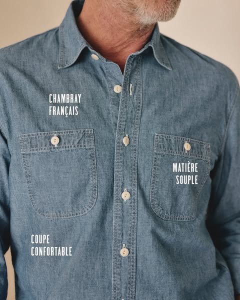 This ad showcases a men's button-down shirt made from French chambray fabric. It emphasizes the shirt's soft mat