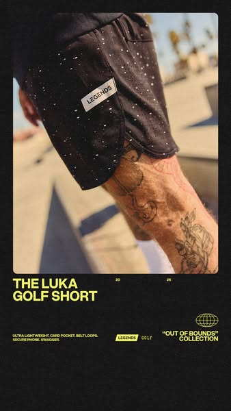 This image ad showcases the Luka Golf Short from Legends' "Out of Bounds" collection. The ad aims to promo