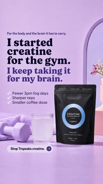This ad for Tropeaka creatine emphasizes the benefits of the product, with specific callouts for 'fewer 3pm fog days