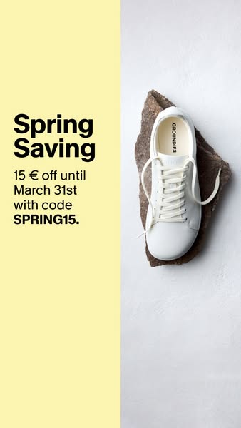 This ad promotes a spring sale for Groundies shoes, offering a 15€ discount until March 31st with a code. The minimalist