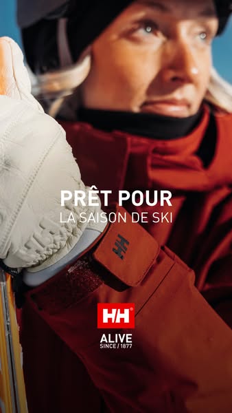 This image ad for Helly Hansen features a skier wearing the brand's jacket and gloves. The ad is in French and promo