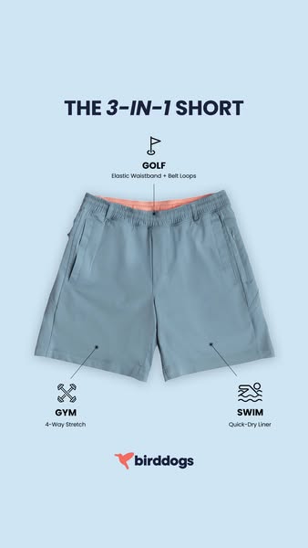 This ad showcases a pair of versatile 3-in-1 shorts from Birddogs, designed for golf, gym workouts, and swimming. The ad
