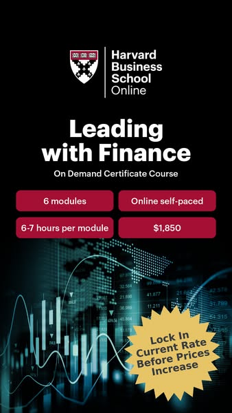 This image ad promotes Harvard Business School Online's 'Leading with Finance' on-demand certificate course.