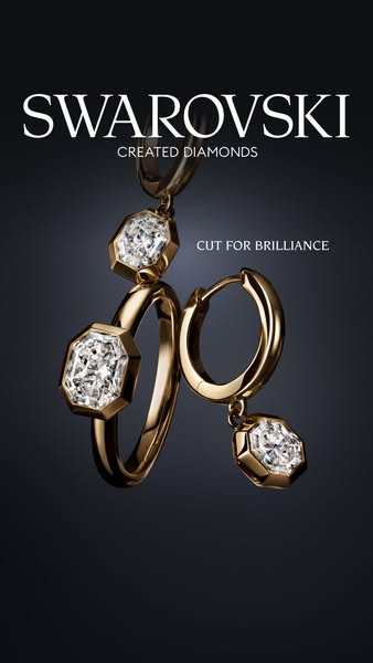 This ad showcases a collection of Swarovski created diamonds jewelry, including a ring and earring. The ad emphasizes th