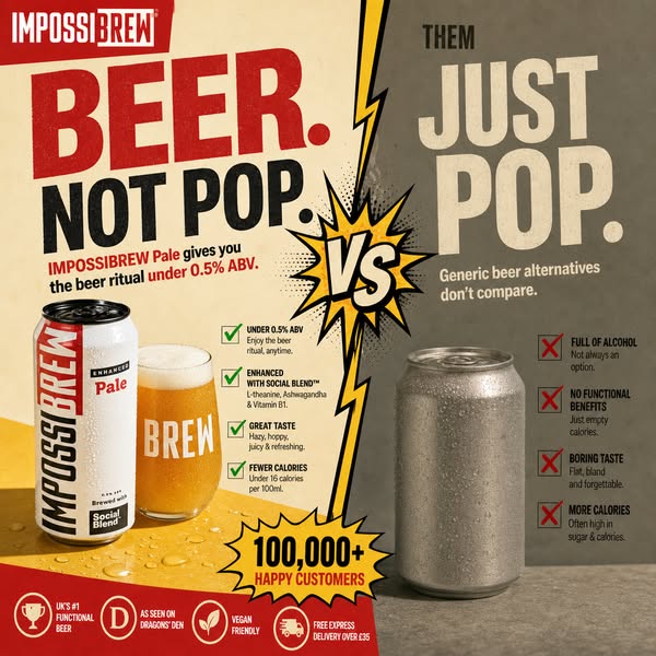 This image ad compares IMPOSSIBREW Pale to generic beer alternatives (THEM). The ad highlights that IMPOSSIBREW Pale giv