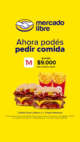 An advertisement for Mercado Libre promoting a special offer on a combo meal of 2 Jr. Double Meat and Bacon burgers and 