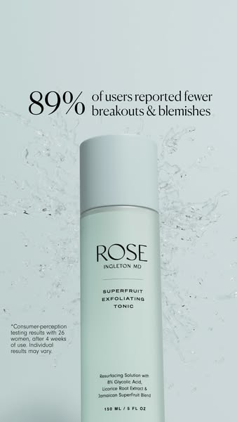 This ad for Rose Ingleton MD highlights the product's key benefits, showing that the product, a superfruit exfoliati